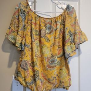 Yellow/Gold Paisley Blouse with Crop Flare Sleeve